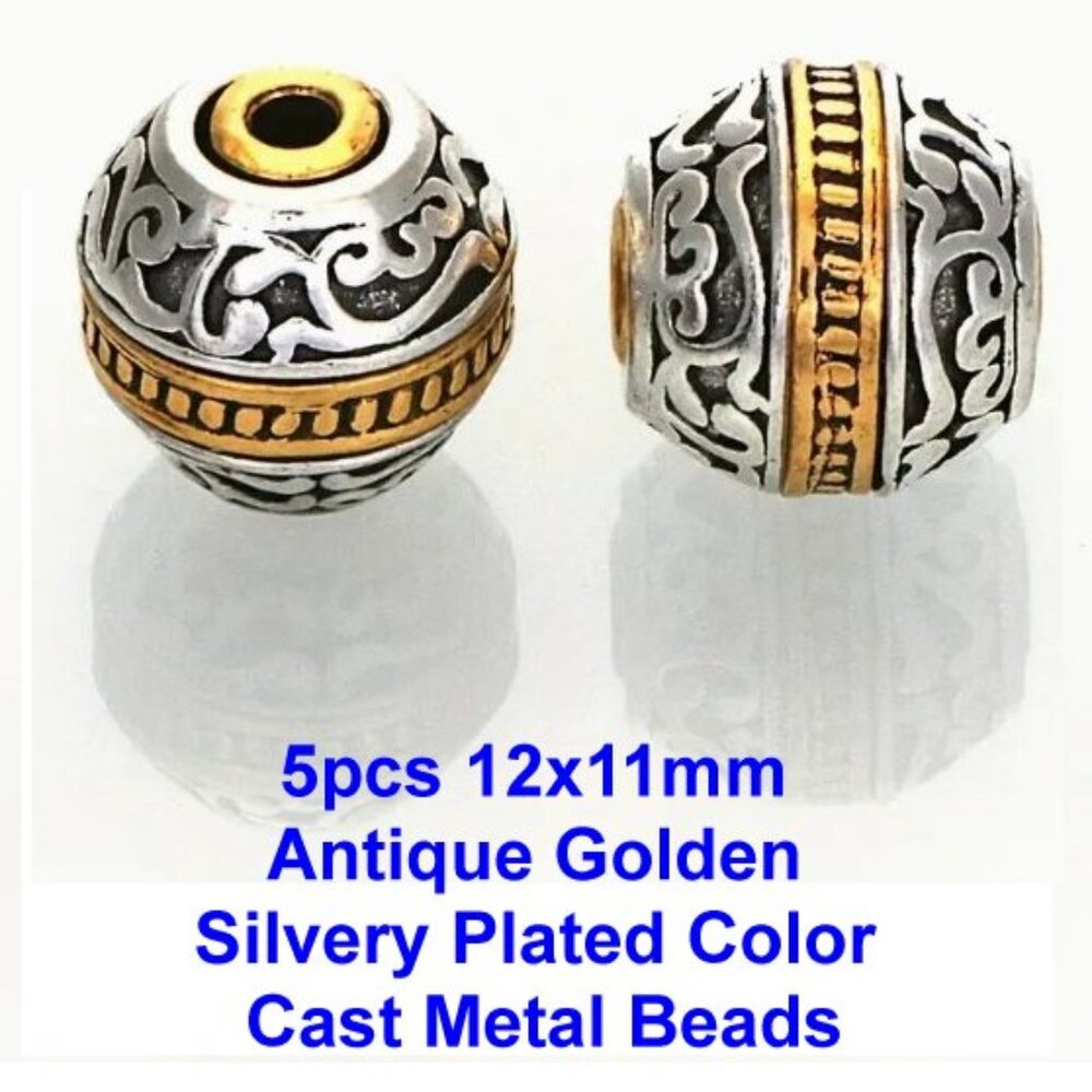 5pcs 12x11mm Antique Golden Silvery Plated Color Cast Metal Striped Round Beads